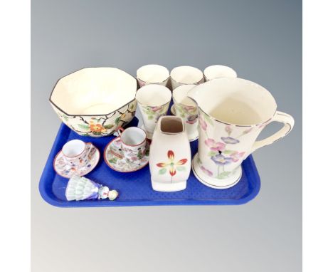 A tray of assorted ceramics to include Royal Doulton figure A Victorian Lady, mid-century Crown Ducal Wild Rose jug with six 