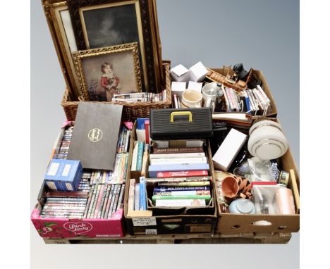 A pallet containing a basket and four boxes of pictures, books, DVD's, ceramics, model of boat, glass light shade etc 