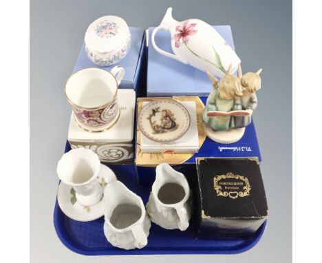 A tray of M J Hummel Goebel figure Choir singers together with further shallow dish, Wedgwood Ophelia jug and Wedgwood Angela