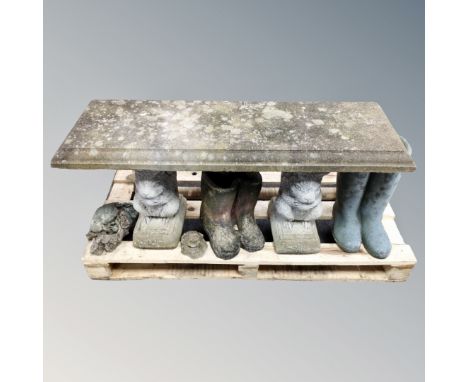 A concrete garden squirrel bench (width 107cm) together with two Wellington planters and two further garden ornaments 