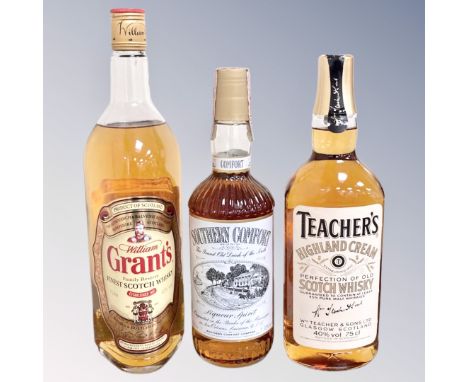 Teacher's Highland Cream Scotch 75cl, together with William Grant's family reserve Scotch 1 litre and Southern Comfort liqueu