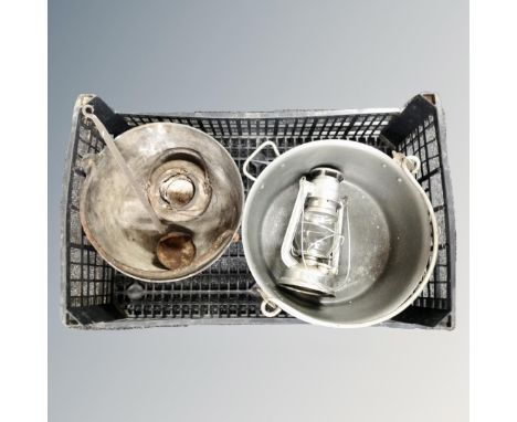 A box of antique cast iron handled jam pan together with a lead burning pot with ladle, jam pan and paraffin lamp 