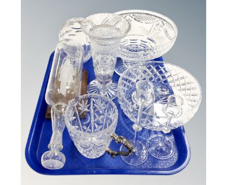A tray of assorted glass, ship in bottle, candlestick etc 