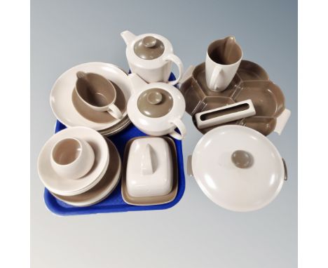 Twenty-nine pieces of 20th century Poole tea and dinner ware, lidded butter dish, serving plate 