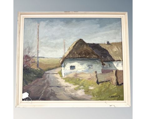 K Hansted : Thatched cottage by a road, oil on canvas, 60cm by 50cm.