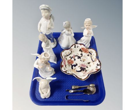 A tray of figurines by Rex, Leonardo Collection and Dream Angels together with a Masons Mandalay bowl, two sets of plated sug