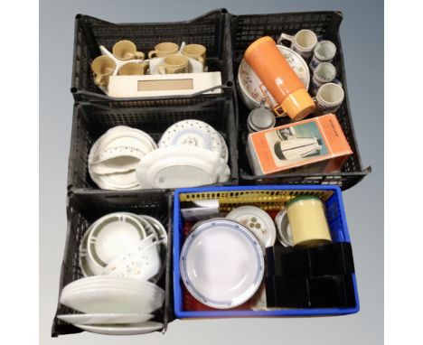 Five baskets of 20th century glass and ceramic tea and dinner ware, Royal Doulton,  Kiln craft tankards, flasks etc 