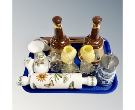 A Portmeirion rolling pin together with a pair of vintage glass candlesticks, ceramics, empty Bell's decanters, etc.