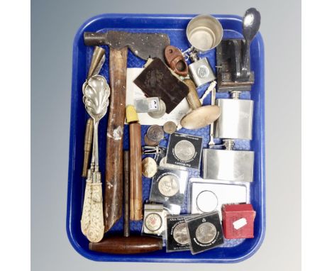 A tray of commemorative crowns, hand tools, hip flasks, medals, servers etc 