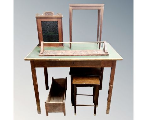 A 20th century beech library table fitted a drawer together with a nest of two tables, pine trough, wall rack, Art Nouveau wa