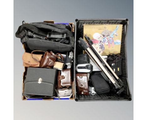 Two crates of vintage cameras, video cameras, cine cameras, Eumig Mini 5 zoom camera, tripod etc 