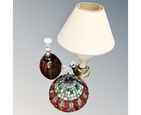A studio pottery table lamp together with a further ceramic table lamp with shade and Tiffany style light fitting 