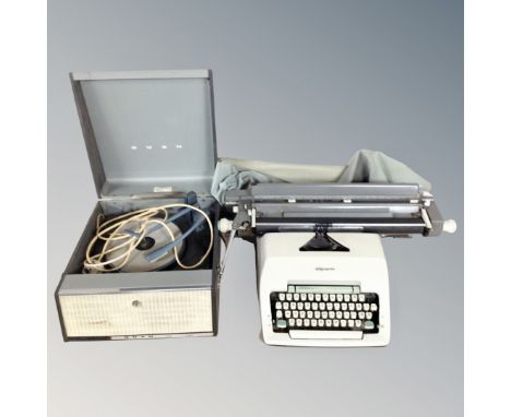 A mid century Bush portable electric record player together with an Olympic typewriter 