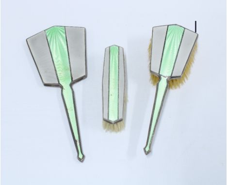 Silver and guilloche enamel three piece dressing table set, Birmingham 1933 (3) 
