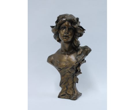 Bronze patinated resin Art Nouveau style head and shoulders bust, 33cm 