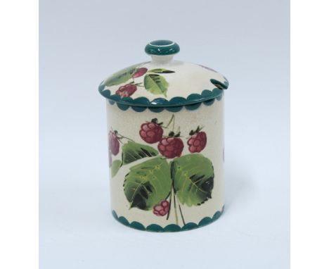 Wemyss Ware Raspberries pattern preserve jar and cover, painted backstamps, 13 x 10cm. 