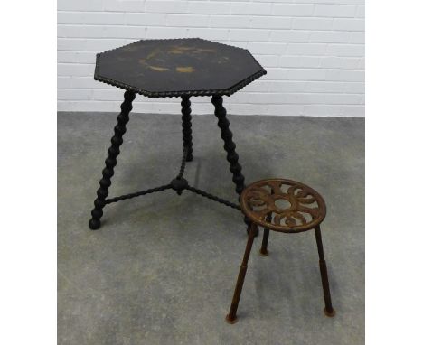 Victorian ebonised Gypsy bobbin table together with a metal tripod stand. 65 x 59cm. (2) 