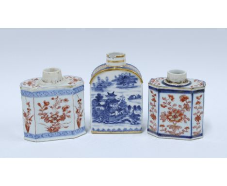 Three various  Chinese tea caddies, to include an 18th century blue and white caddy with a chip to the rim, an Imari octagona