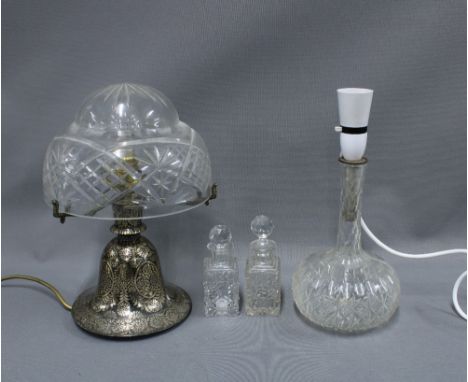 Table lamp base with cut glass shade, 33cm including shade, decanter table lamp and two glass scent bottles, (4) 