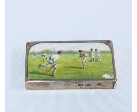 Late Victorian Cricket Match  silver and enamel vesta case, London 1899, 6 x 3.5cm 