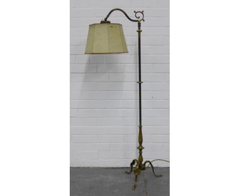 Early 20th century brass standard lamp and shade, 130cm high 