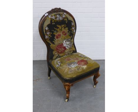 Victorian chair,  walnut carved frame and beadwork upholstery, on short cabriole legs terminating on ceramic castors, 96 x 55