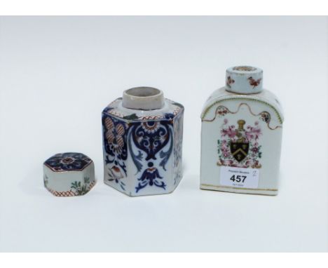 Dutch delft tea caddy and cover and a Chinese armorial caddy with cover (a/f\) (2) 