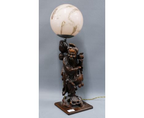 Chinese Immortal rootwood table lamp base with marbled pink glass shade, height including shade approx. 60cm 