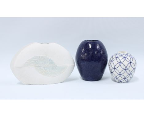 Rhian Malin contemporary porcelain vase in blue and white together with a blue glazed vase and a bisque pottery slab style va