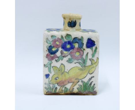 Qajar flask painted in coloured enamels with hare and flowers pattern,  16 x 11cm. 