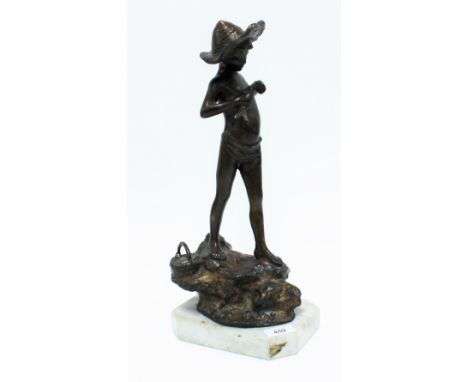 Bronze figure of a boy with a fish, on a naturalistic mound and octagonal hardstone base, 42cm 