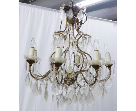 Brass &amp; crystal eight branch chandelier, 75 x 66cm 
