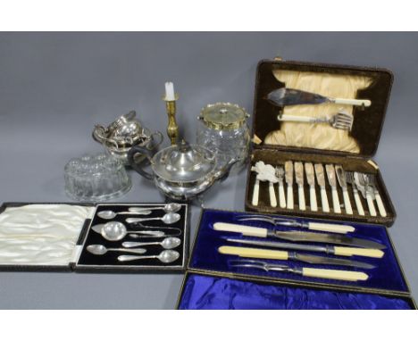 Carton containing miscellaneous Epns flatware, teaset, brass candlestick, glass jelly mould and a biscuit barrel etc, (a lot)
