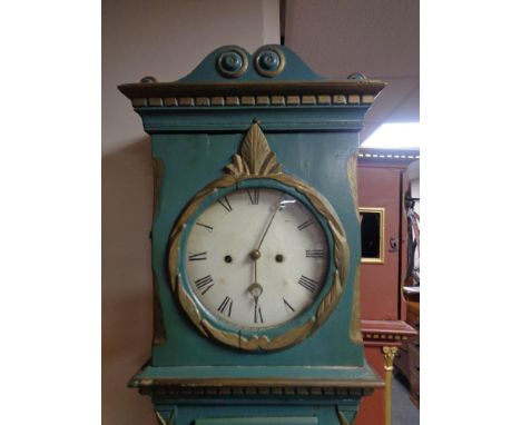 An antique continental painted longcase clock with pendulum and weights 