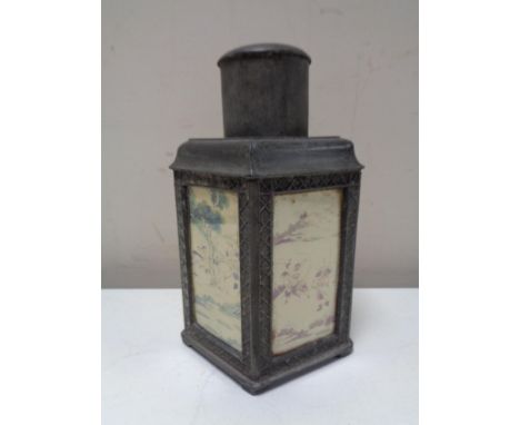 A Chinese pewter flask in the form of a lantern 