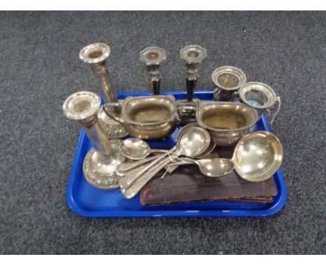 A tray of twentieth century plated wares, miniature wine coolers, serving spoons, sugar basin and milk jug etc 