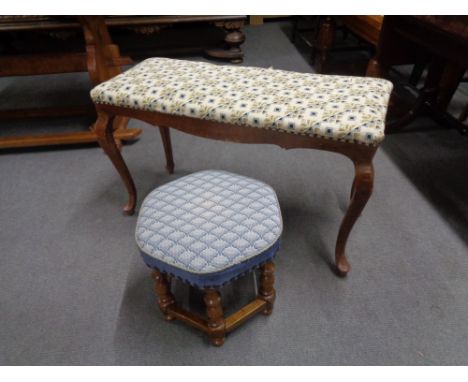 A tapestry upholstered duet stool and a hexagonal footstool 
