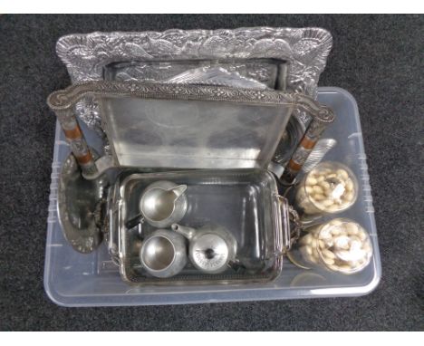 A box of cutlery, serving trays, Swan three piece tea service etc 