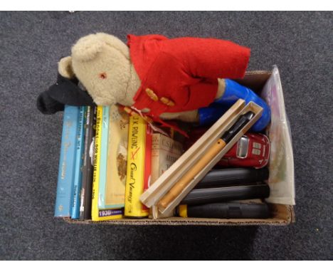 A box of Paddington bear, recorder, rolling stock, children's books etc 