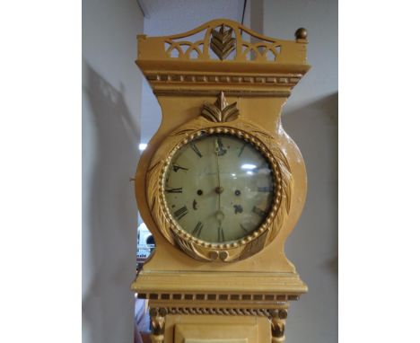 An antique continental painted longcase clock with pendulum and weights 