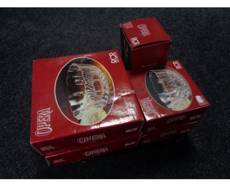 A tray of four boxed opera Royal Crystal Roc bowls together with a boxed decanter 