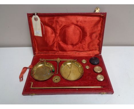 A set of vintage brass balance scales in fitted case 