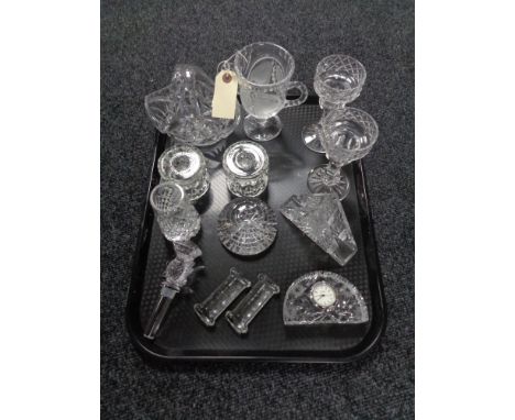 A tray of crystal and glass, Edinburgh Crystal clock, knife rests, candle holders etc 