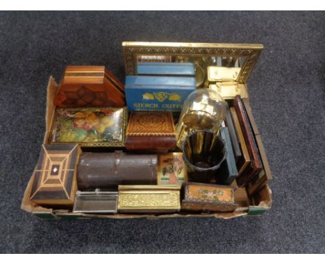 A box of vintage tins, music boxes, anniversary clock under shade, brass framed mirror  etc 
