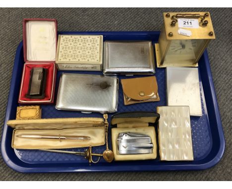 A tray of Colibri cigarette case, John Sterling lighter, Ronson lighter, clock, match holder etc