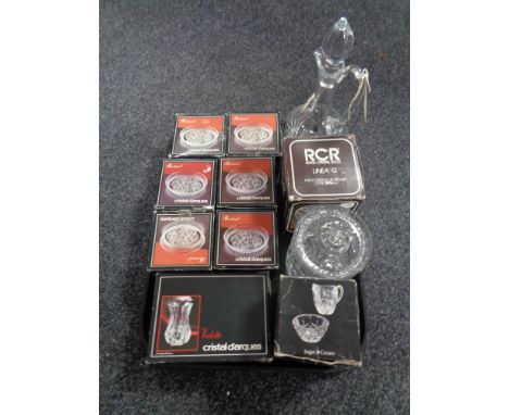 A tray of boxed D'arques crystal shallow dishes, vases, RCR lidded bowl, decanter with china label etc 