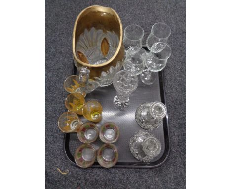 A tray of glass ware, pressed glass water jug, wine glasses, candlestick etc 