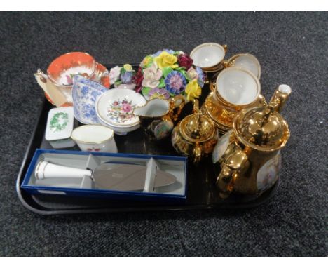 A box of china, Bavarian gilded tea service, Royal Worcester dishes and vase, Cake server, china flower posies etc 