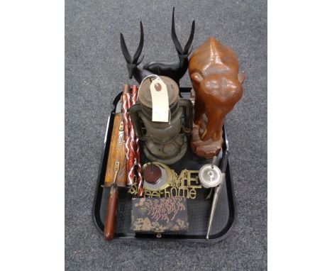 A tray of carved animal ornaments, Swedish knife in sheath, vintage lamp 