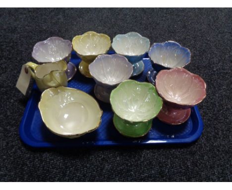 A tray of seven Maling lustre grapefruit dishes, Maling sugar basin and milk jug 